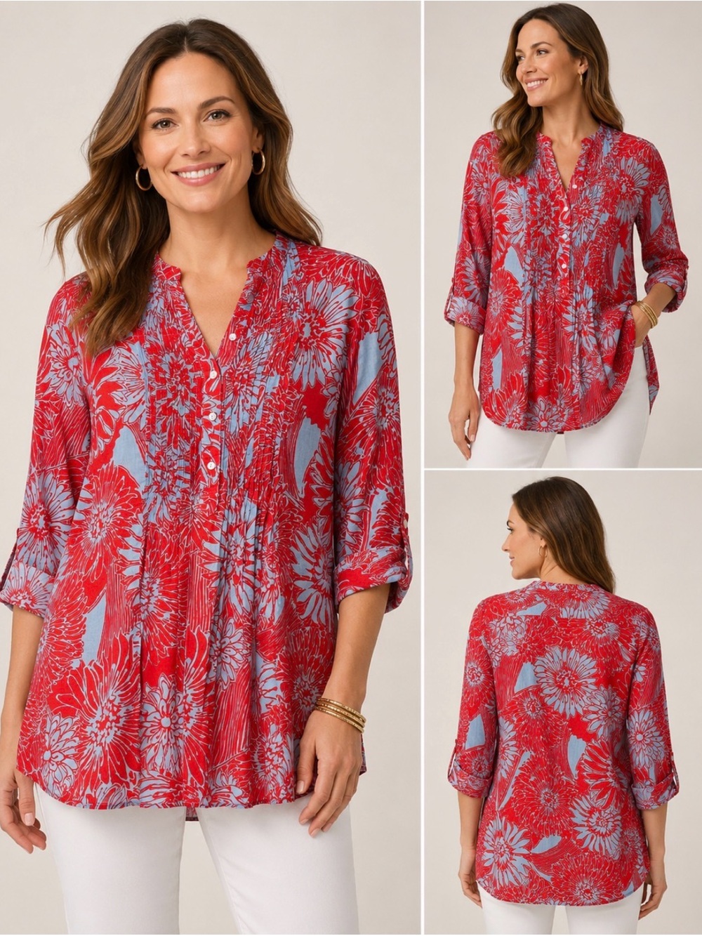 J. McLaughlin Tunic Top Women’s M Red Blue Floral Cotton Pintuck 3/4 Sleeve